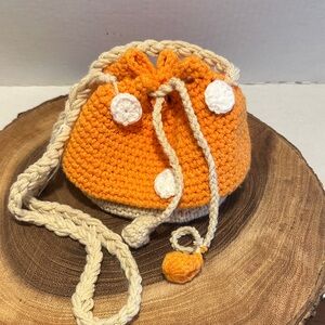 NWT Orange Crochet Mushroom Drawstring Bag